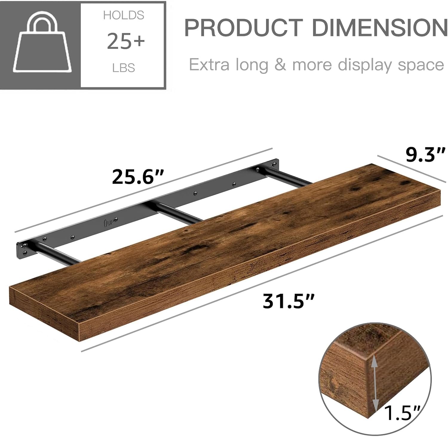 QEEIG Floating Shelves - Rustic Brown Wall-Mounted Display Shelf Set of 2 | 31.5" x 9.3" for Home Decor