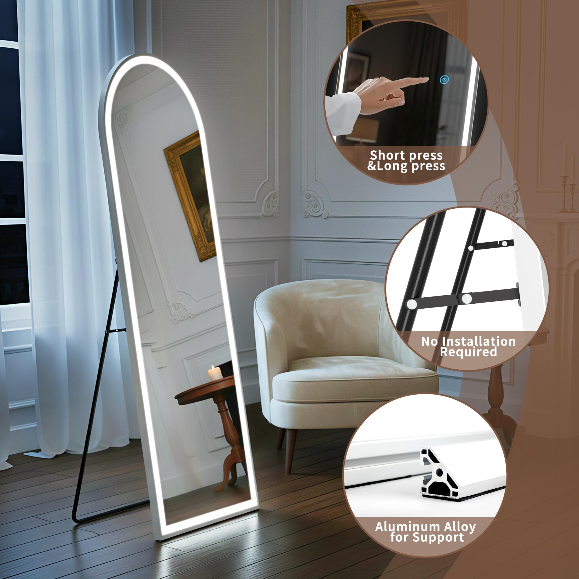 Arched Full Length Mirror with LED Lights, 60"x16" LED Floor Mirror with Stand, Body Floor Mirrors with Dimming & 3 Color Lighting, Wall Mounted LED Mirrors for Bedroom, Dressing Room, Cloakroom