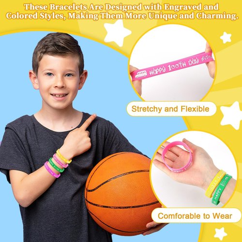 JUNEBRUSHS 64pcs 100th Day of School Party Favors Silicone Bracelets Rubber Wristbands for 100 Days of School Party Decorations Students Preschool Party Favors Supplies