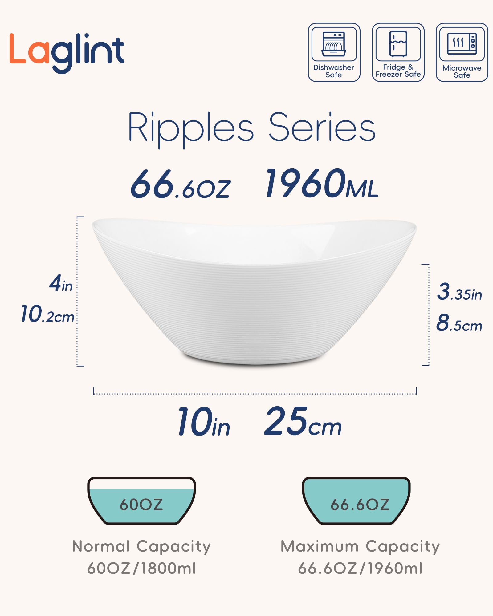 LaGlint 66 OZ Salad Bowl Set of 2, Opal Glass 10 inch Ultra-thin&Lightweight Serving Dishes for Salad, Fruit, Kitchen Microwave & Dishwasher Safe, Oval Shape White