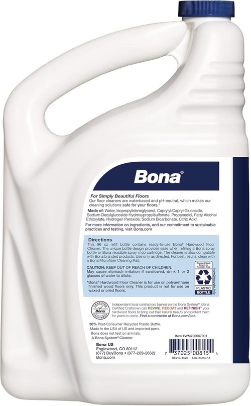 Bona Hardwood Floor Cleaner Refill - 96 Fl Oz | Residue-Free Unscented Solution for Wood Floors