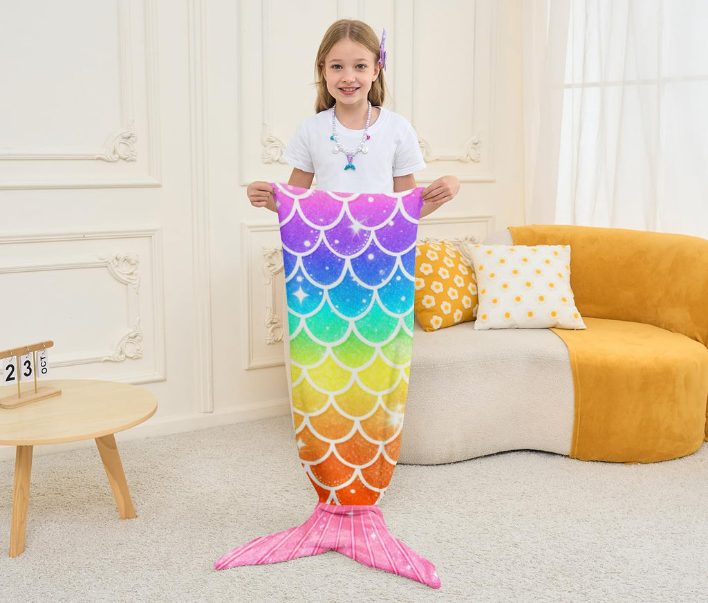 NikNio Mermaid Tail Blanket for Girls Soft Flannel Wearable Blanket Sleeping Snuggle Kids Christmas Gift Ideal 3-4 4-6 7-8 10-12 Rainbow Pattern