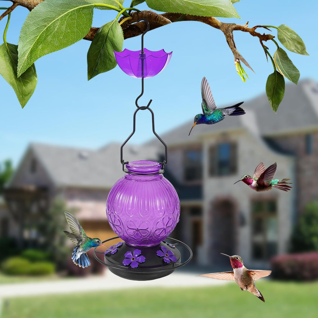 Skiennix Glass Hummingbird Feeder - 23Oz Leak-Proof Nectar Feeder with 5 Flower Ports | Purple Garden Decor Gift