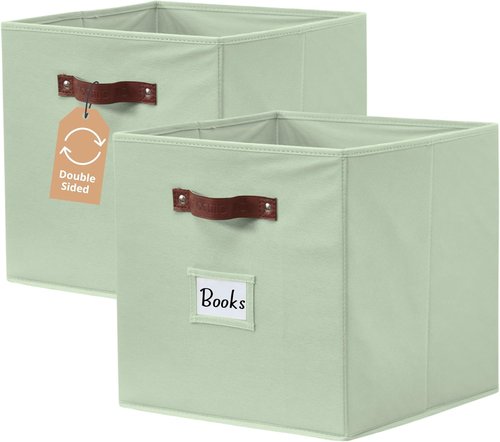 DECOMOMO Storage Bins - Fabric Cube Storage Bins with Labels for Shelves | 10.5" x 11" | 2pcs, Sage Green