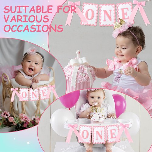 Vovii Bow Highchair Banner for 1st Girls Birthday Decoration, Pink and White One Birthday Banner for Party Decor Photo Props(Pre-Strung)