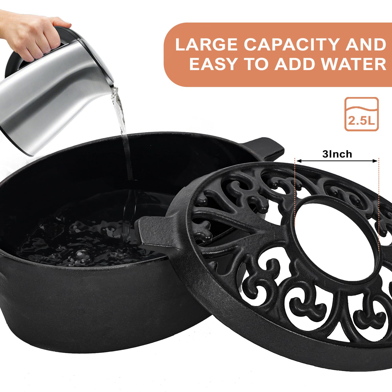 GoCampDirect Wood Stove Steamer - 2.5 Quart Wood Stove Humidifier, Full Porcelain Enamel Coated Cast Iron humidifier for Rust Proof, Matte Black Finish with Lattice Top Black