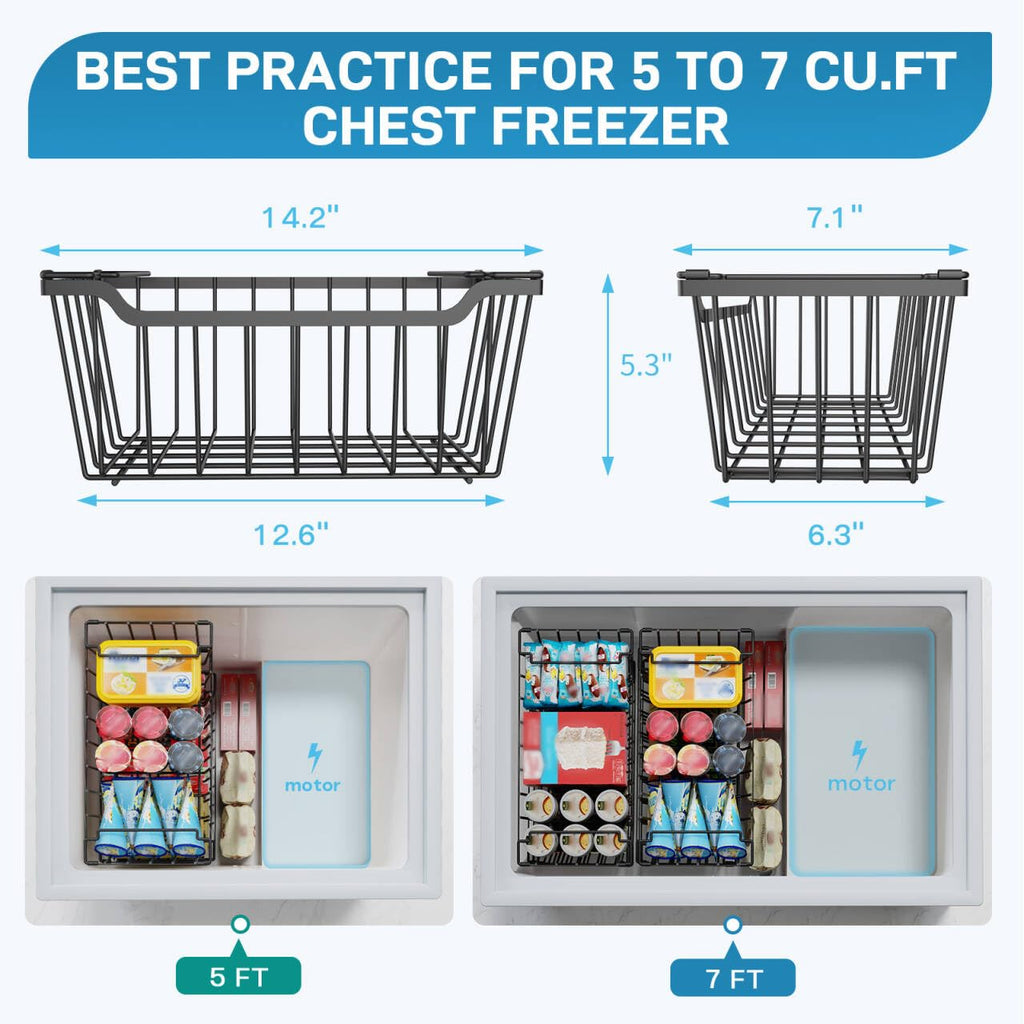 SUNALLY Freezer Organizer Bins, 4 Pack Stackable Chest Freezer Organizer for 5-7 Cu.FT Deep Freezer Sort Frozen Meats and Food, Freezer Storage Baskets with Handles Easy Reach from Bottom, Black