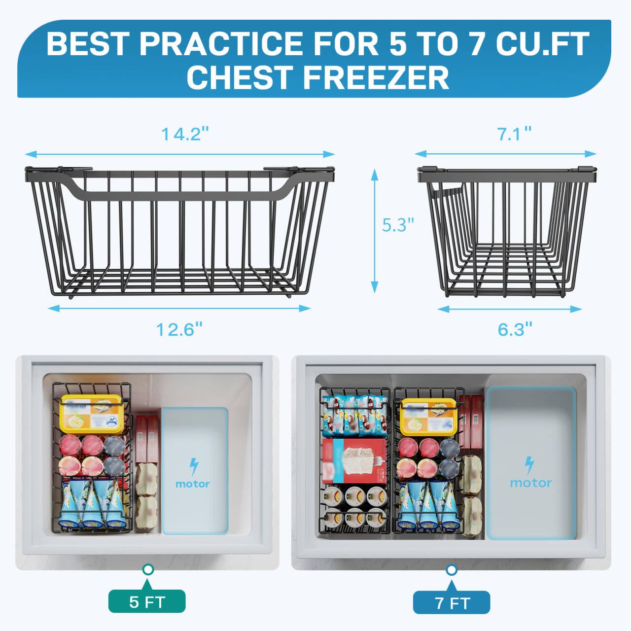 SUNALLY Freezer Organizer Bins, 4 Pack Stackable Chest Freezer Organizer for 5-7 Cu.FT Deep Freezer Sort Frozen Meats and Food, Freezer Storage Baskets with Handles Easy Reach from Bottom, Black