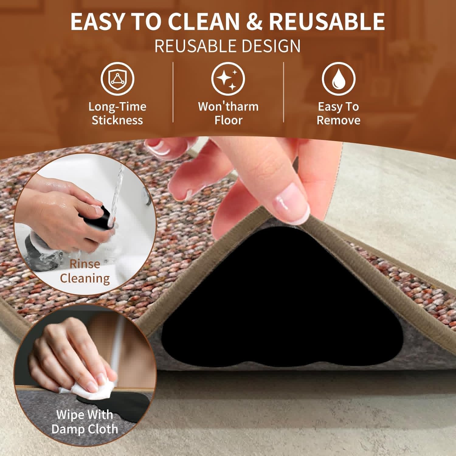 Skiennix Non-Slip Rug Grippers - Dual-Sided Adhesive Carpet Pads for Hardwood & Tile Floors | 8 PCS
