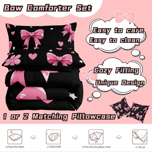 jejeloiu Bowknot Comforter Set All Season Black Pink Bedding Set with 1 Pillow Cases Pink Bow Microfiber Kids Twin Bedclothes Colourful Bowknot Bedroom Decor Duvet Quilt Breathable