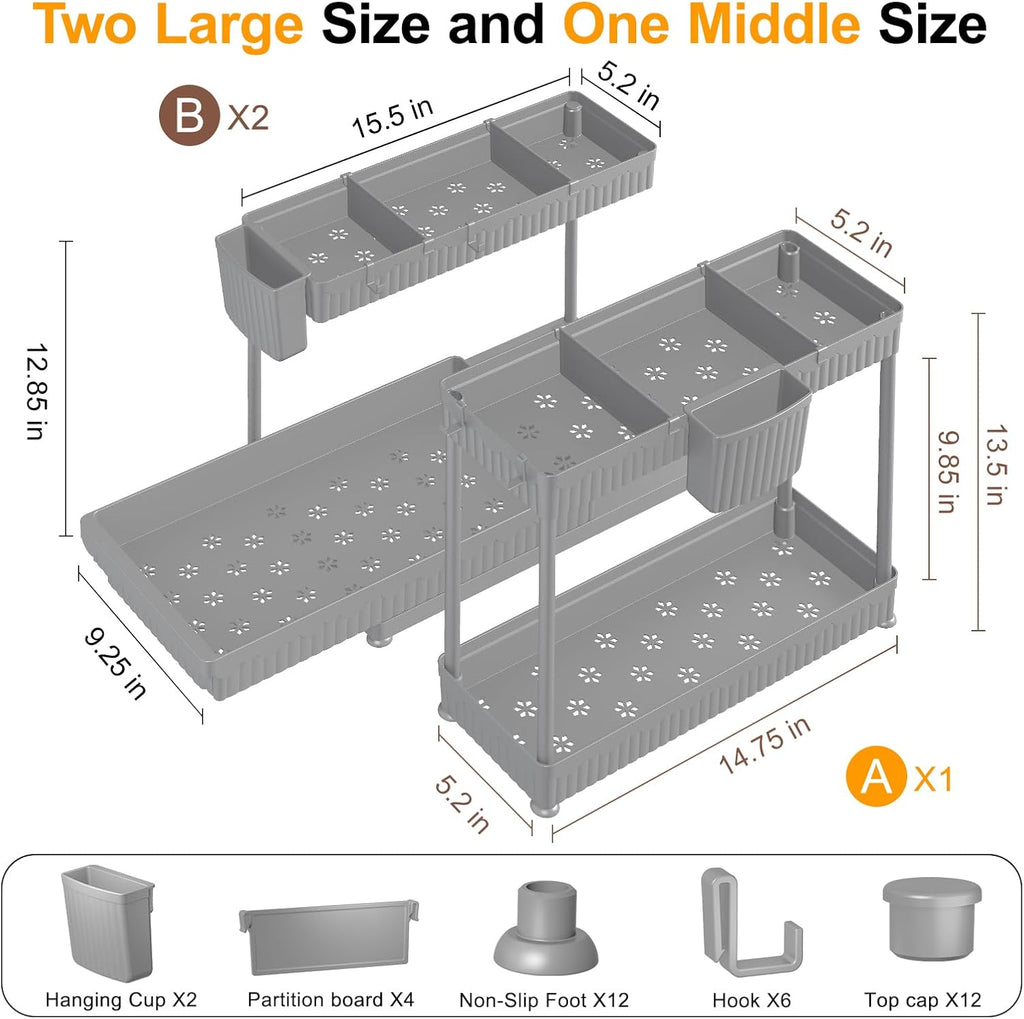 Sevenblue Under Sink Organizer - 3 Pack L-Shaped Pull-Out Storage for Bathroom & Kitchen (Grey, 12.85 Inch)