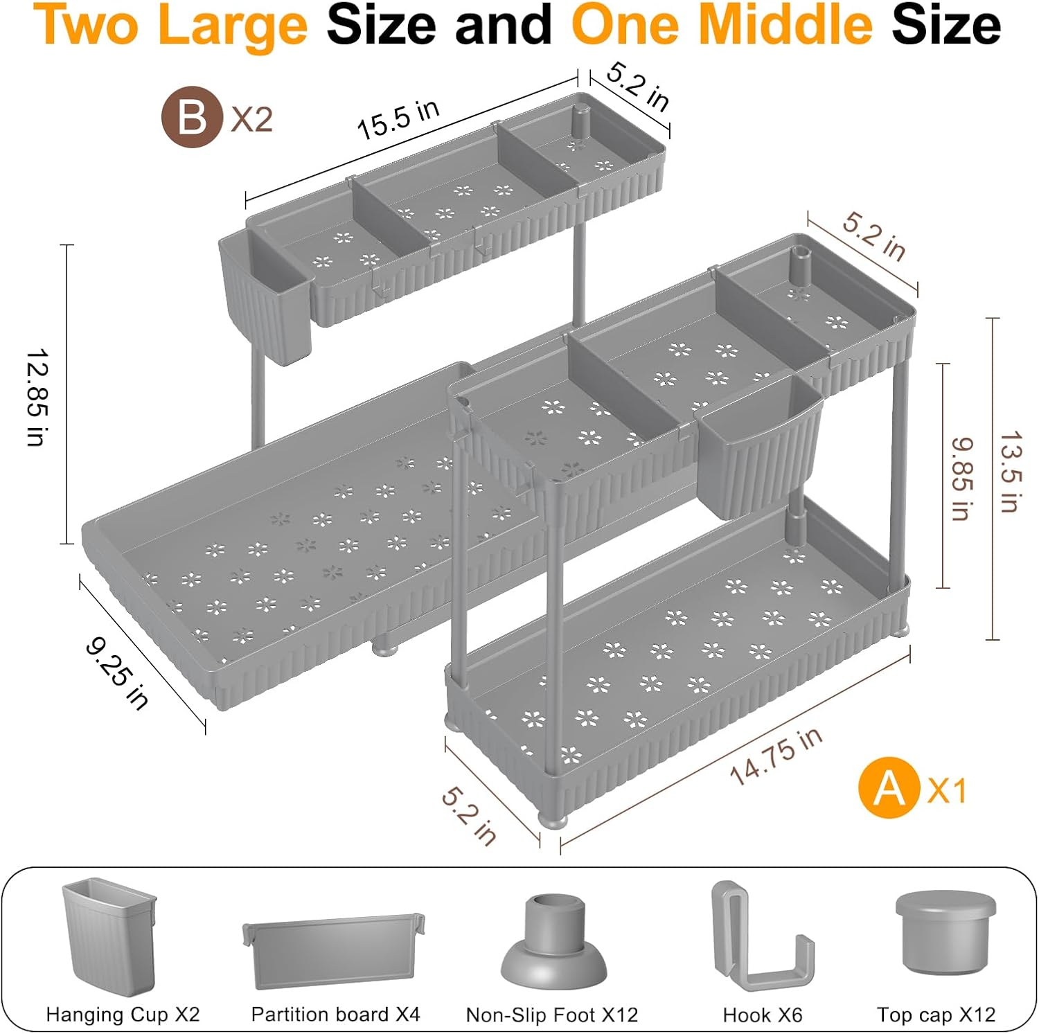 Sevenblue Under Sink Organizer - 3 Pack L-Shaped Pull-Out Storage for Bathroom & Kitchen (Grey, 12.85 Inch)