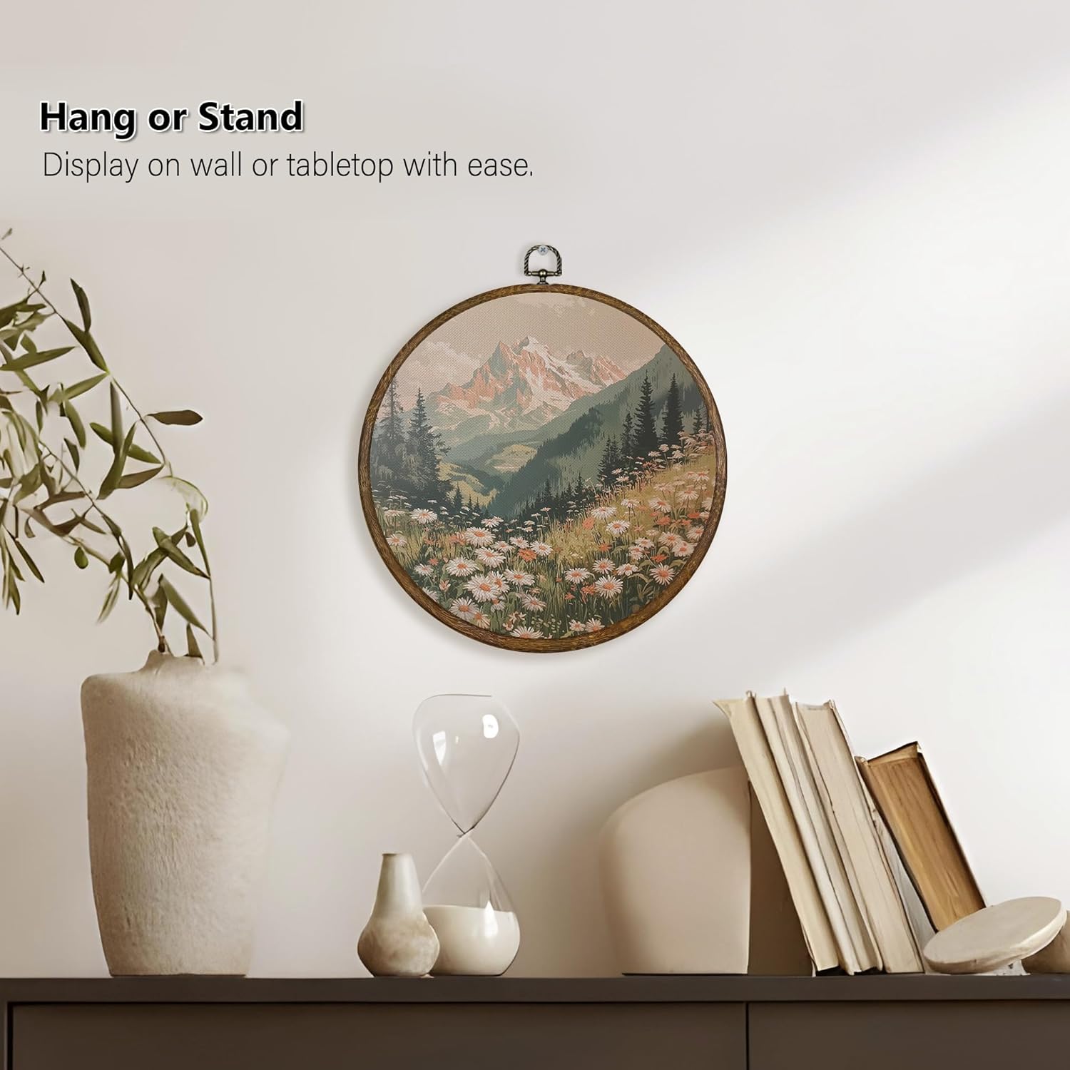 Qskjre Boho Wall Art - Vintage Mountain Flower Landscape Canvas Print | 10x10in Round Wood Framed Decor