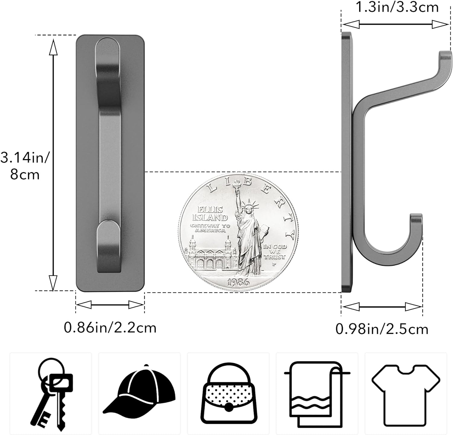 Pickpiff Wall Hooks - 13LB Strong Adhesive Coat & Towel Hangers | Grey 4-Pack