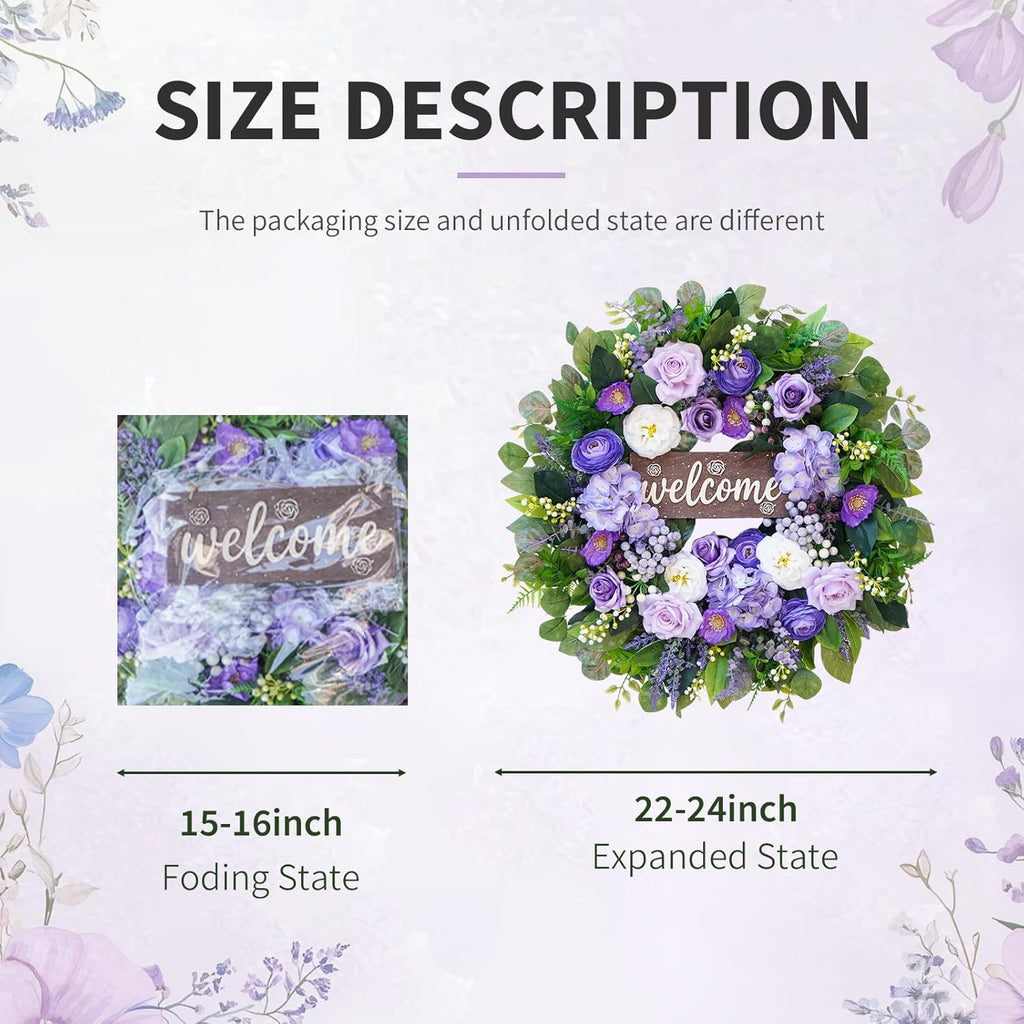 Skiennix 24-Inch Spring Wreath - Luxury Purple Floral Design with Welcome Sign | Roses, Hydrangeas & Eucalyptus for Outdoor Decor