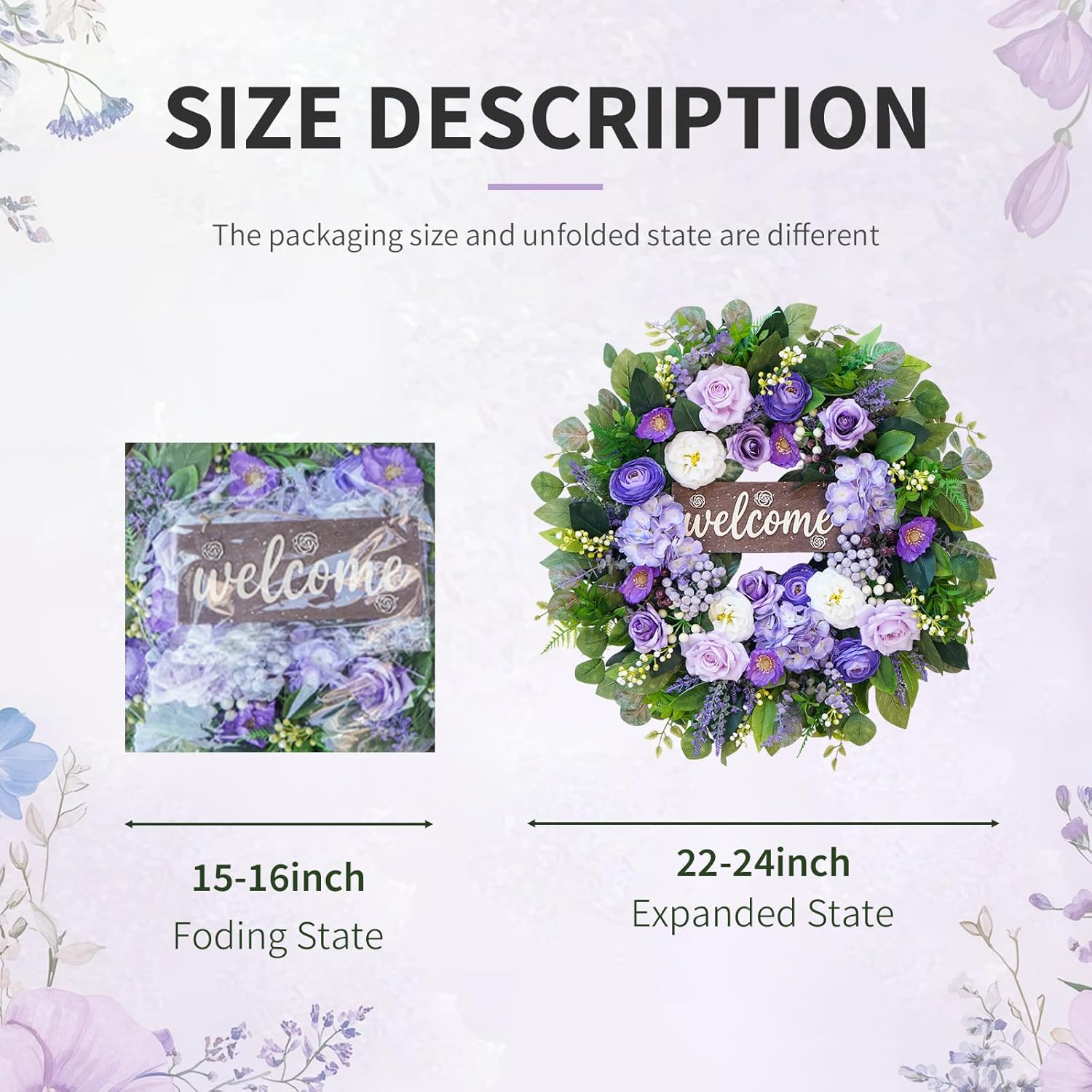 Skiennix 24-Inch Spring Wreath - Luxury Purple Floral Design with Welcome Sign | Roses, Hydrangeas & Eucalyptus for Outdoor Decor