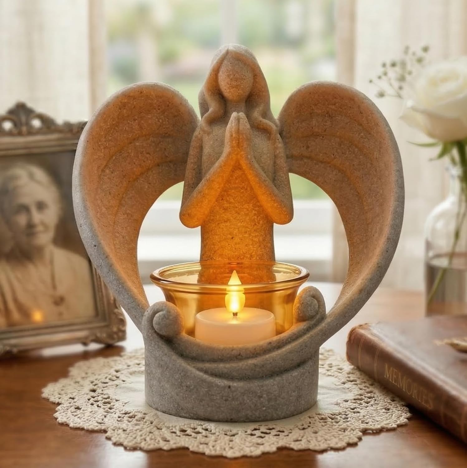 OakiWay Memorial Candle Gift - Angel Figurine Tealight Holder with Flickering LED Candle | Sympathy & Bereavement Decor