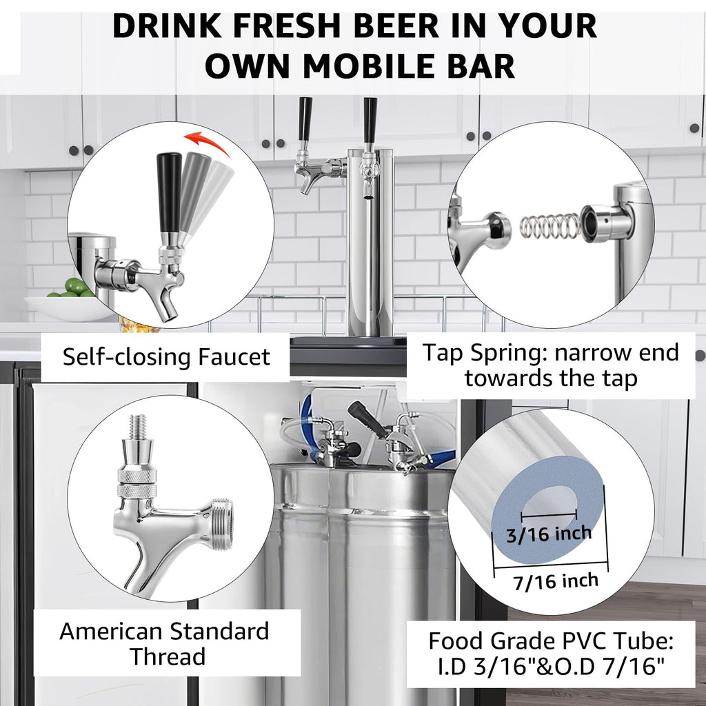 Dual Beer Tap Tower Dispenser with 1/4" Barb Fitting, Draft Kegerator Tap Tower Keg Tower Stainless Brass Core Self-Closing Beer Faucet Brewing Tower Dispenser with Pre-assembled Lines Kit