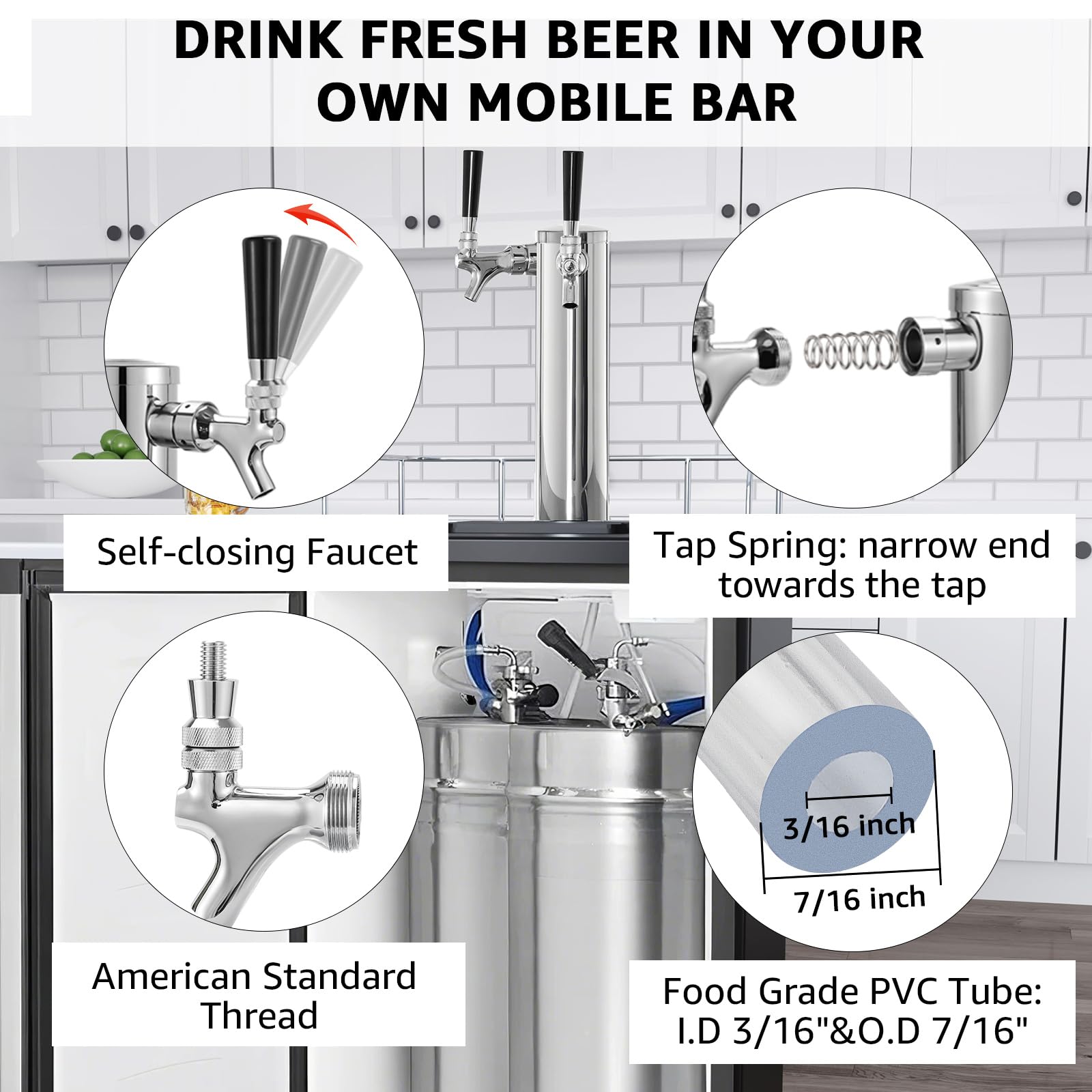 Dual Beer Tap Tower Dispenser with 1/4" Barb Fitting, Draft Kegerator Tap Tower Keg Tower Stainless Brass Core Self-Closing Beer Faucet Brewing Tower Dispenser with Pre-assembled Lines Kit