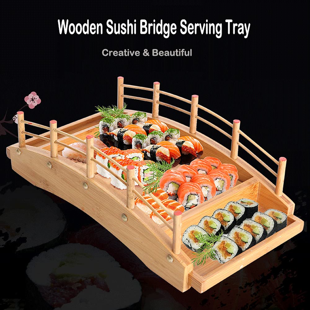 WINIAER Wooden Arch Bridge Sushi Boat Serving Tray, Sushi Bridge Serving Plate Food Platter for Restaurant or Home (53 x 24 x 13cm / 20.8 x 9.4 x 5.1inch)