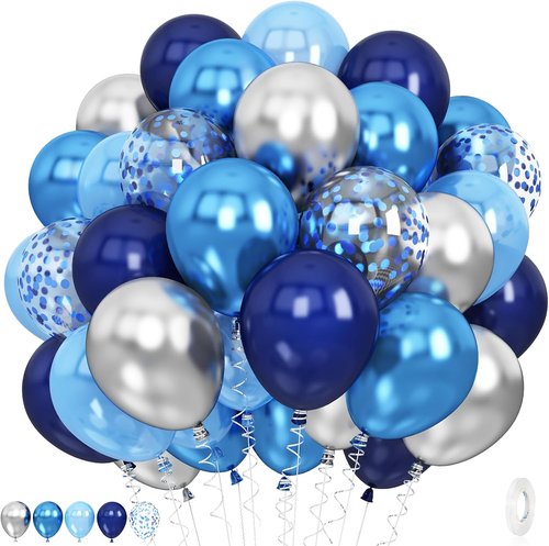 Blue & Silver Balloons by [Brand Name] - 60 Pcs Metallic Confetti Helium Latex for Parties & Celebrations