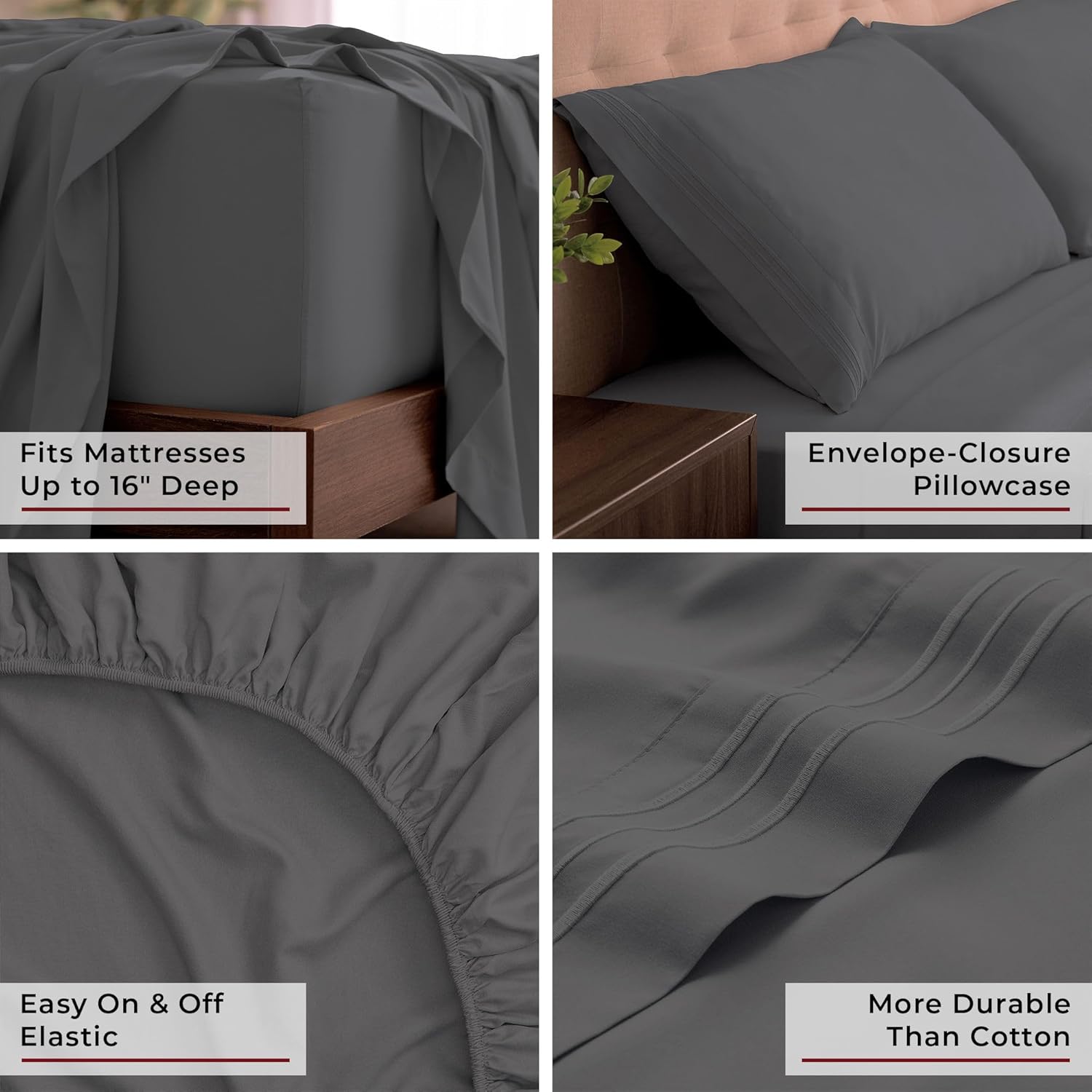 Mellanni King Sheets Set - 4 PC Luxury Bedding Collection - Extra Soft, Cooling, Wrinkle-Resistant | Gray