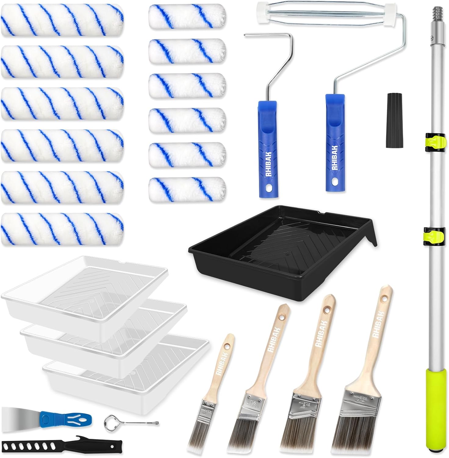 Skiennix Paint Roller Kit - 27 Piece Set with Extension Pole 2 to 4 Ft | Includes 4" & 9" Rollers & Brushes