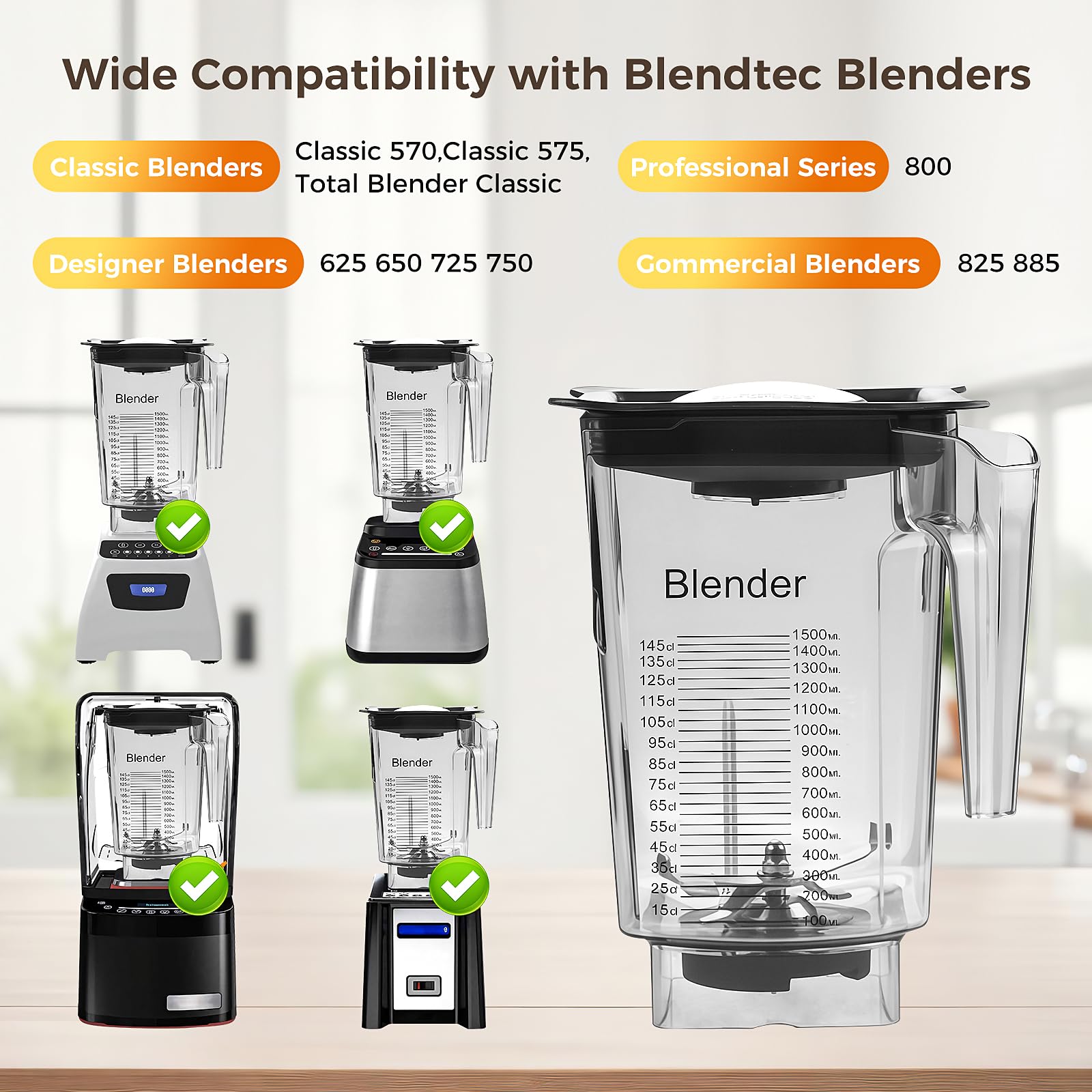 90 oz Replacement Jar Compatible with Blendtec Blender, Wide Compatible with Classic/Designer/Professional/Commercial Series Container Pitcher Cup, Includes Blade and Lid