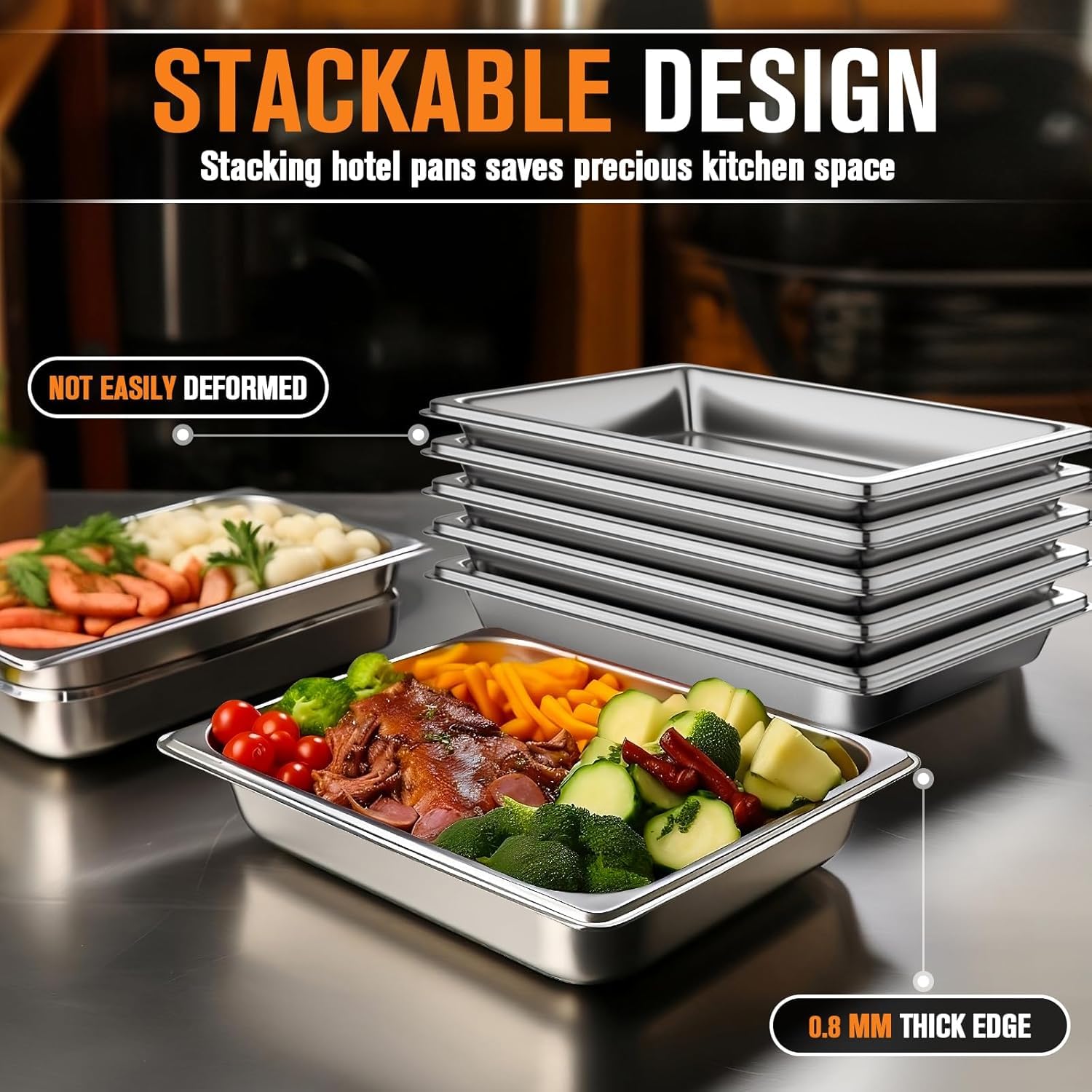 Hotel Pans Full Size 2.5" Deep, Restaurant Supplies Stainless Steam Table Pans 1/1 Size 22 Gauge Commercial Food Pans, 6 Pack Anti Catering Pans