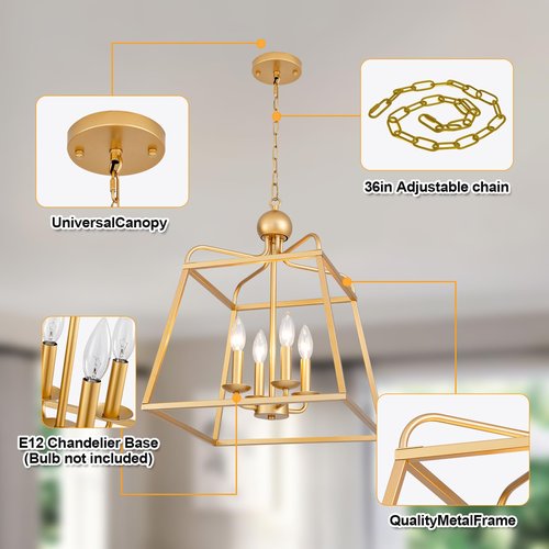 15.7 Inch Gold Farmhouse Chandeliers for Dining Room, 4-Light Dining Light Fixture with E12 Base, Adjustable Height Kitchen Chandeliers Over Table, Chandelier Light for Kitchen Island Foyer Hallway