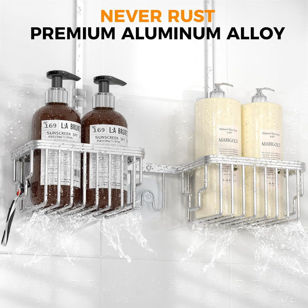 Reinhardt Aluminum Shower Caddy - Rustproof Adjustable Hanging Organizer with Hooks | Silver Finish