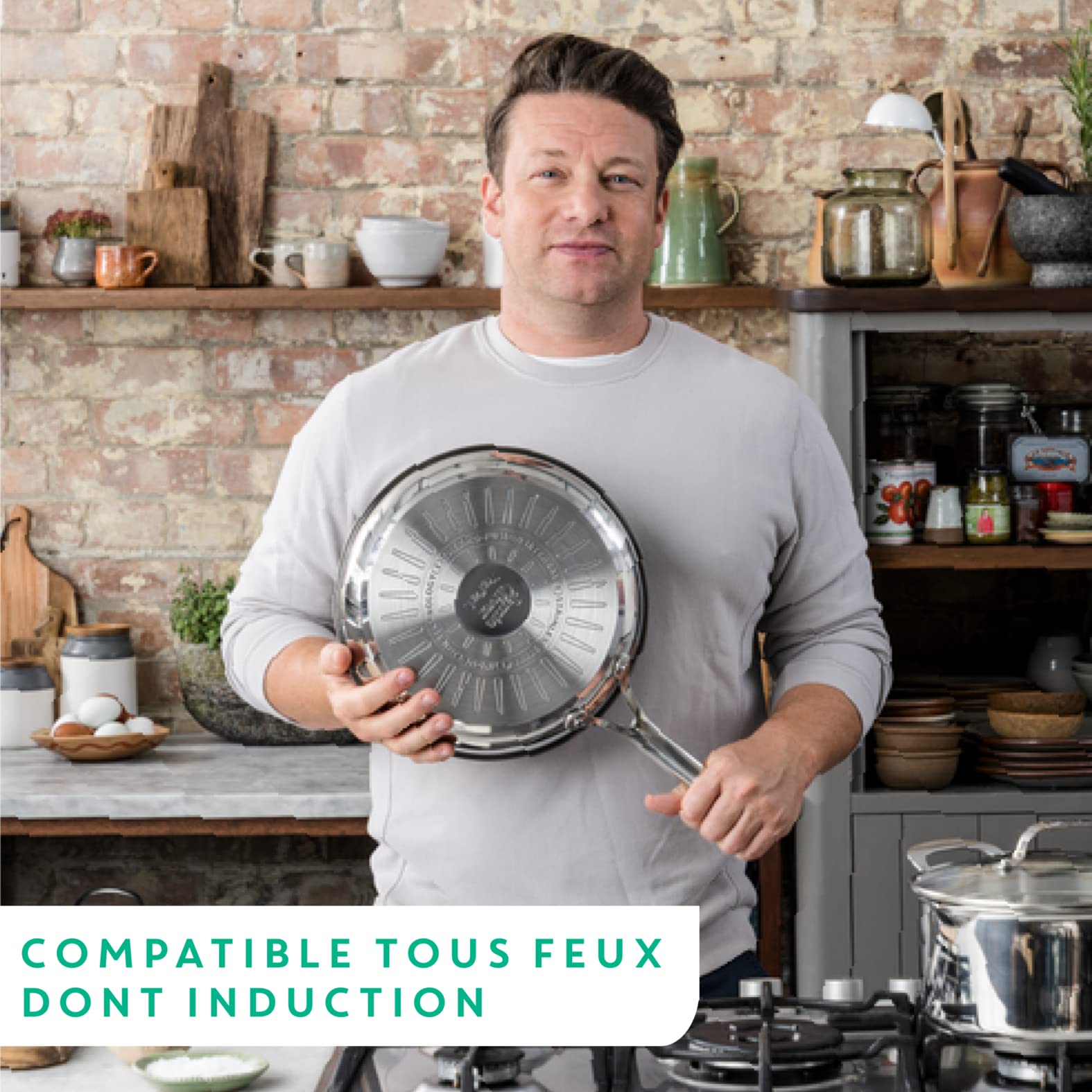 T-Fal Jamie Oliver Cooks Direct, Stainless Steel Non-stick Frying Pan 3 Pcs Set (20/24/28cm) (8/9/11 Inches) with Induction
