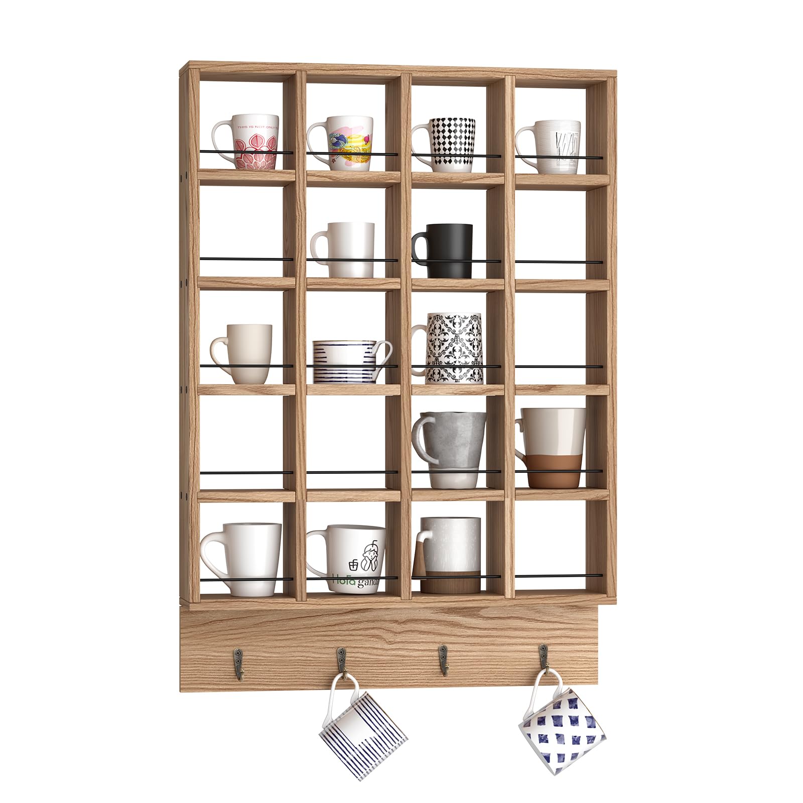 WYJREES Wooden Coffee Mug Display Rack, Wall Mounted Coffee Cup Display Shelf, Hold 24 Mugs, Rustic Shot Glass Display Case, Coffee Mug Holder Organizer for Kitchen, Coffee Station (23.6 * 29.5in)