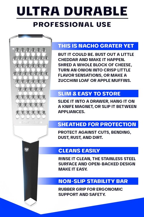 Dalstrong Professional Wide Cheese Grater - Extra Coarse - #304 Stainless Steel Blade - G10 Handle Kitchen Shredder - w/Blade Guard - Fruits & Vegetables, Hard Cheese, Chocolate - NSF Certified
