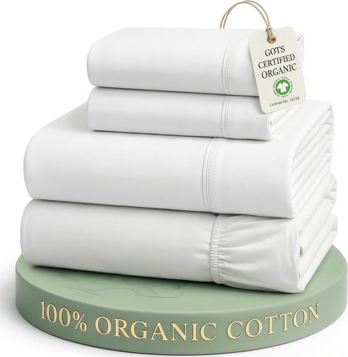 **LANE LINEN Organic Cotton Queen Sheet Set - Eco-Friendly, Soft & Comfy, 15" Deep Pocket - White**