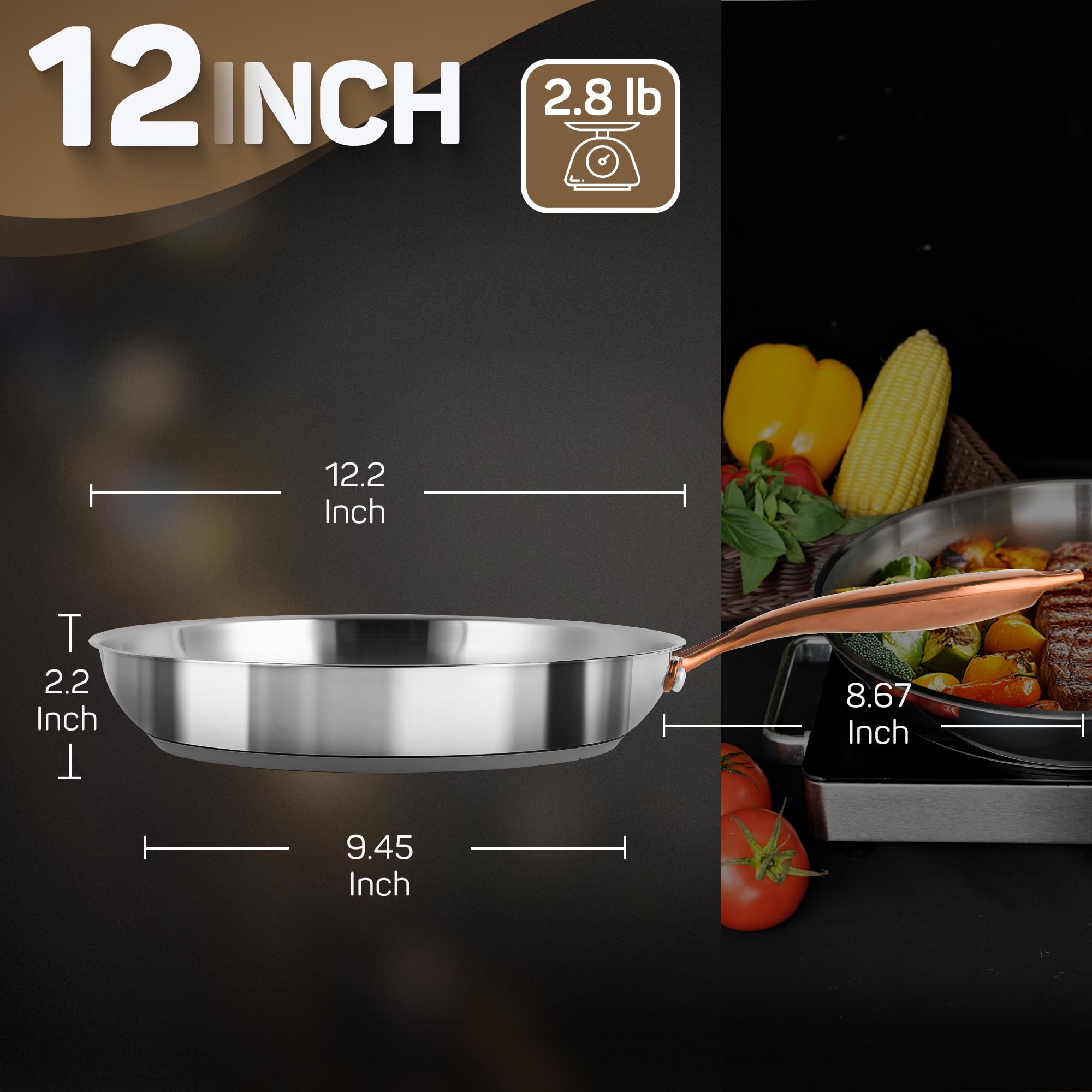 ciwete 12 Inch Tri-Ply Stainless Steel Frying Pan with Brass Cool Handle, Professional Quality Skillet Suitable for All Stove, Oven and Dishwasher Safe, PFOA PTFE PFOS Free, Fast and Even Heating