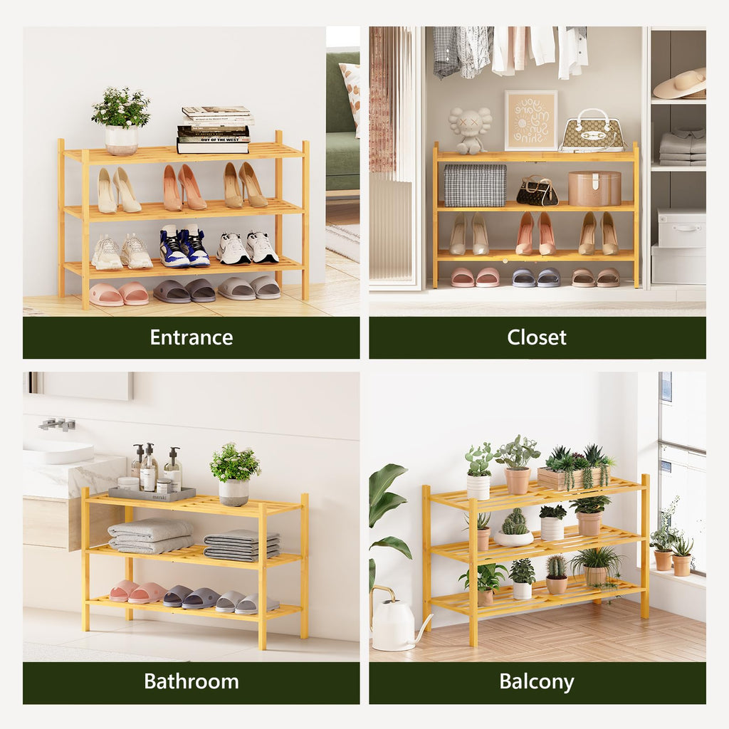 Toolola Bamboo Shoe Rack for Closet 3 Tier, Durable Wooden Shoe Rack, Space-Saving Stackable Shoe Organizer for Entryway, Dorm, Garage, Natural