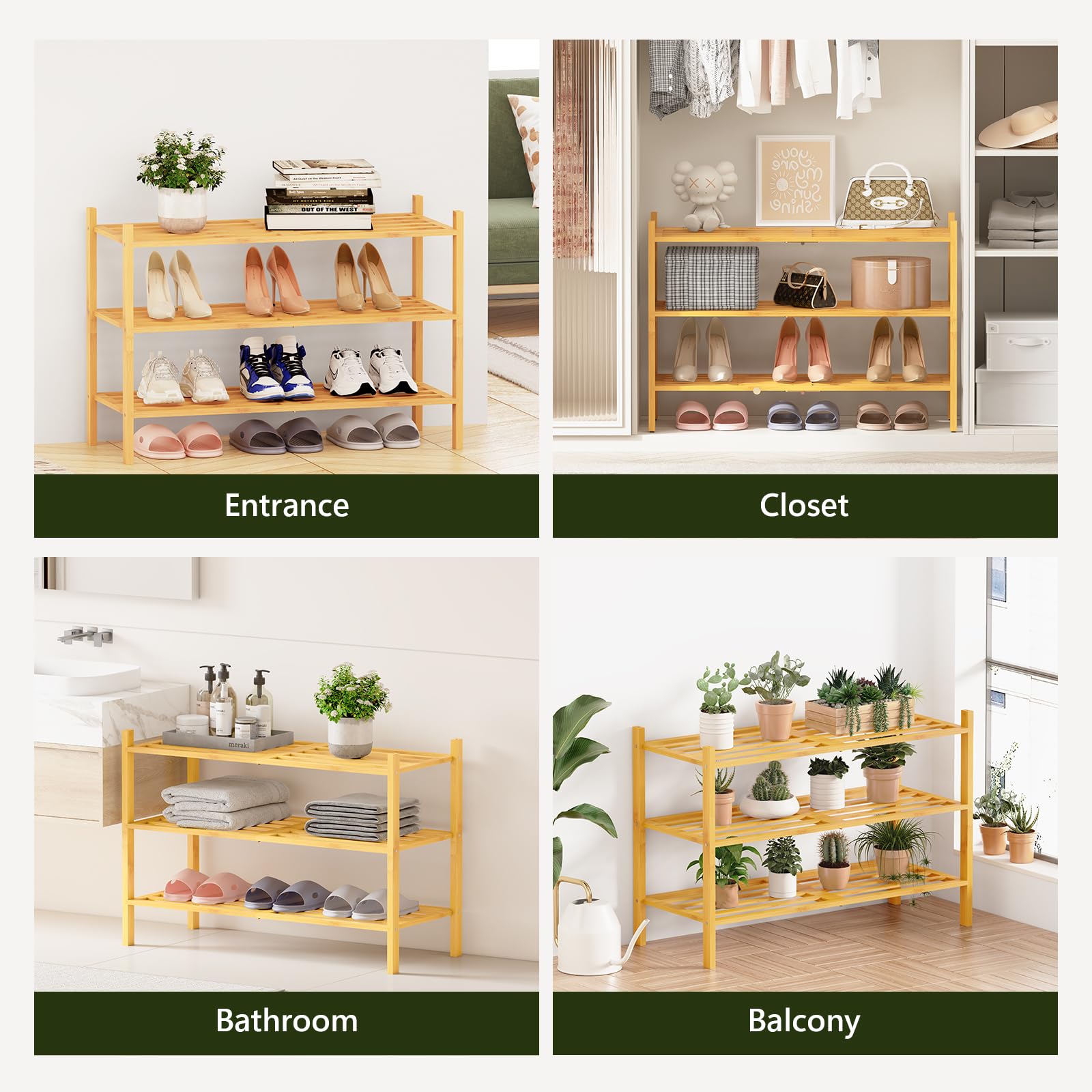 Toolola Bamboo Shoe Rack for Closet 3 Tier, Durable Wooden Shoe Rack, Space-Saving Stackable Shoe Organizer for Entryway, Dorm, Garage, Natural