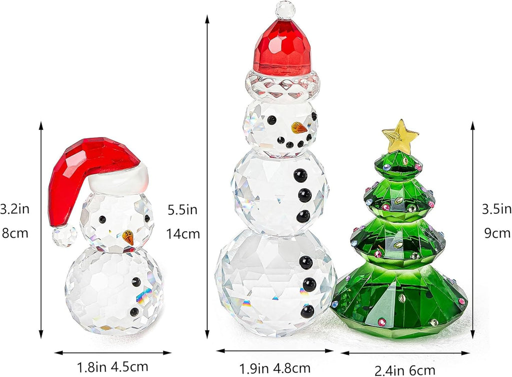 QFkris Crystal Snowman & Tree Figurines Set - Elegant Christmas Decor | Small Glass Paperweights