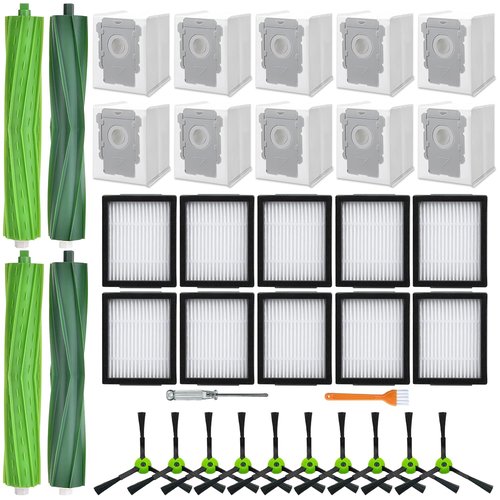 APZOVO 32 Pack Replacement Parts for iRobot Roomba i7 i7+ i3 i3+ i4 i4+ i5 i5+ i6 i6+ i8 i8+ E5 E6 E7 j6 j6+ j7 j7+ Combo i5 i5+ j5 j5+, 2 Set of Roller Brush 10 Filter 10 Vacuum Bag 10 Side Brush