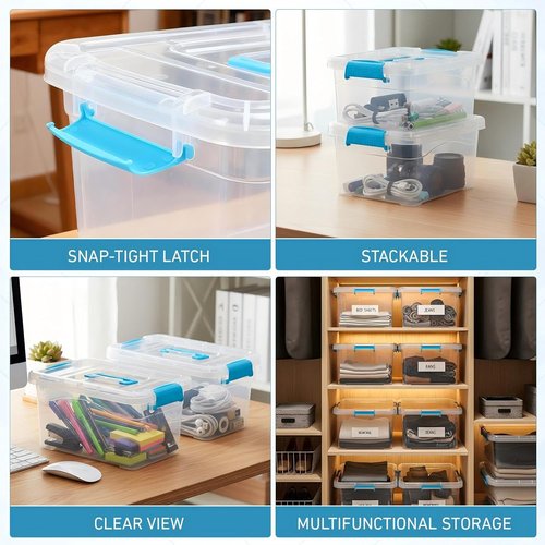 Jetec 8-Pack Clear Plastic Storage Bins - Stackable Organizers with Lids & Blue Handles | 6.5 Qt, 11.02 x 7.48 x 6.02''