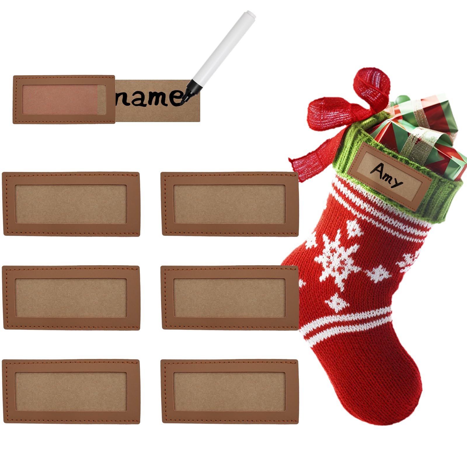 Oeyliz Personalized Christmas Stocking Leather Name Tags Custom Christmas Stocking Leather Tags Personalized Knitted Xmas Stocking 6PCS Light Brown Leathers Name Label for Family Christmas Decor