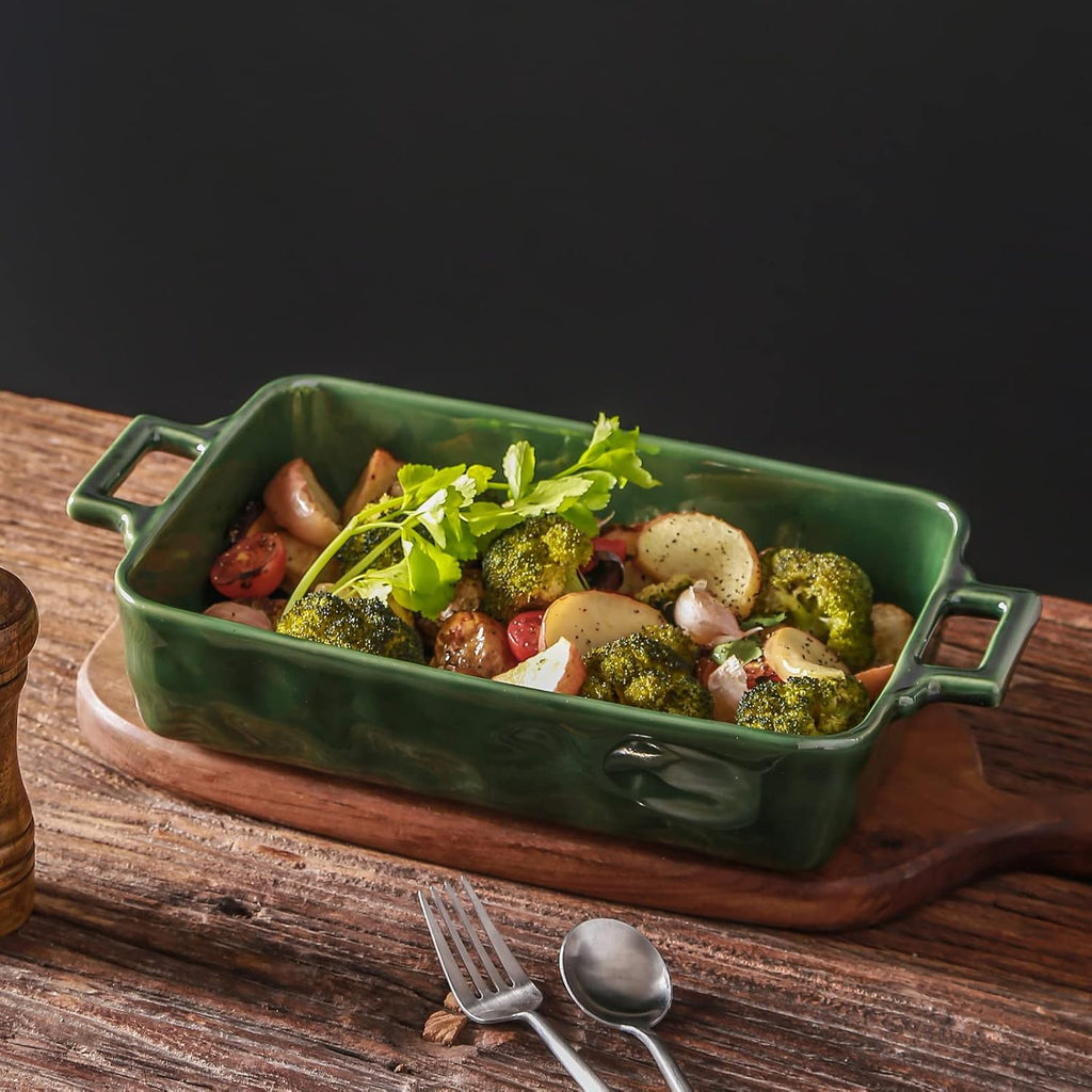 VICRAYS Ceramic Bakeware Set - Porcelain Rectangular Baking Dish for Lasagna & Casseroles | 3-Piece, 15 x 8.5 Inches (Green)