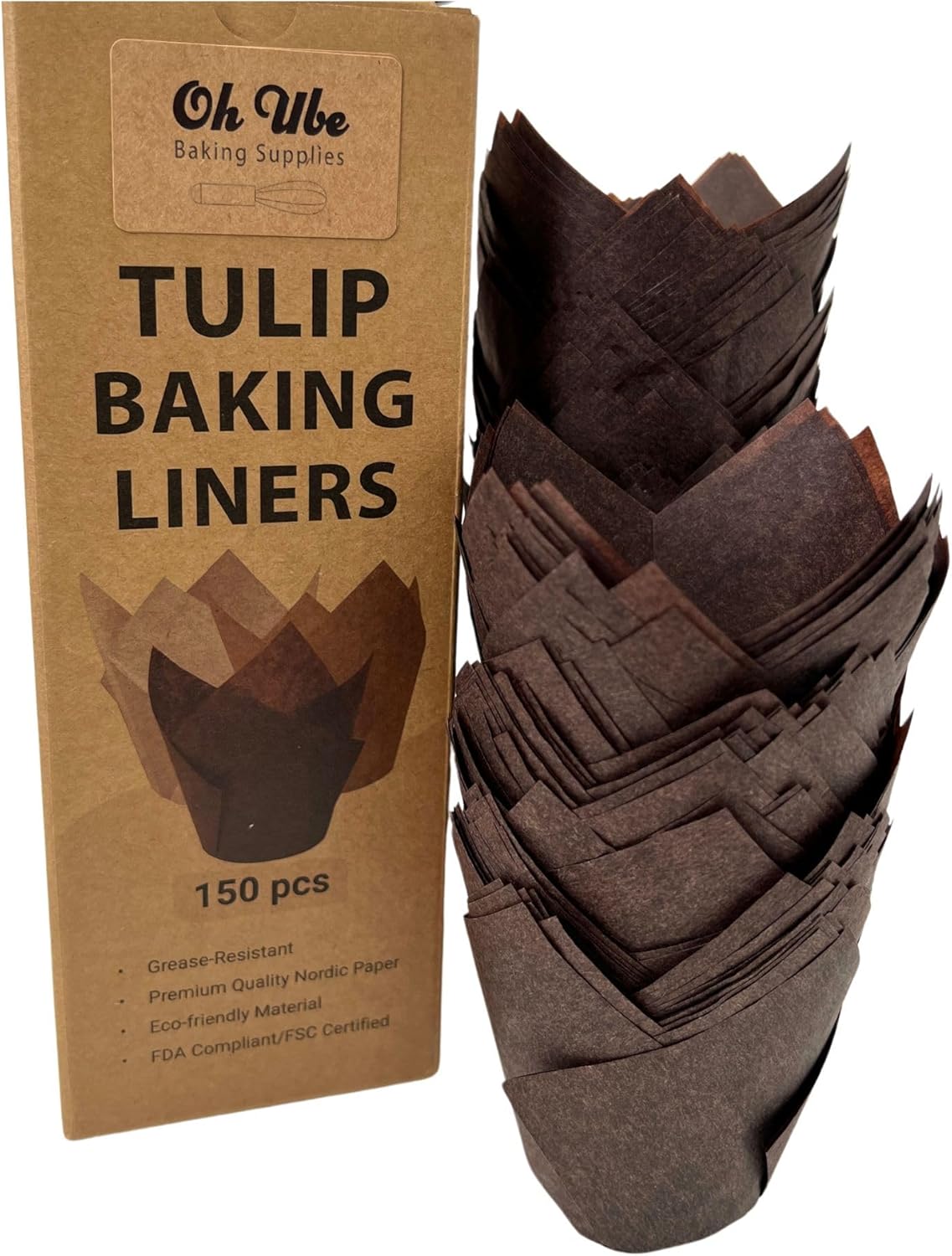 Nordic 150-Pack Brown Tulip Muffin Liners - Odorless, Non-Toxic, Grease-Resistant Baking Cups | Ideal for Weddings & Birthdays