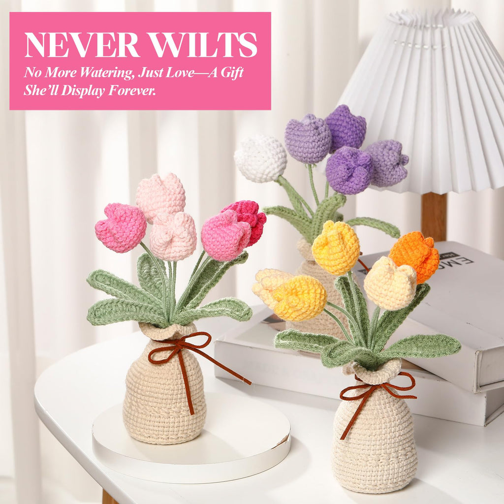 Marsui Crochet Knitting Tulip Bouquet with Vase 7" Knitted Artificial Forever Tulip Handmade Woven Flower with Exquisite Pot Gift for Valentine's Day Back to School Gift Family Home Desk Decor(Pink)