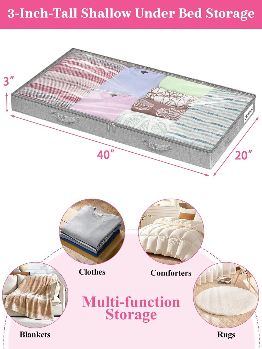 Under Bed Storage Containers by [Brand Name] - Foldable Clothes Organizer with Lid & Zipper | 3-Inch Low Profile, Gray, 2-Pack