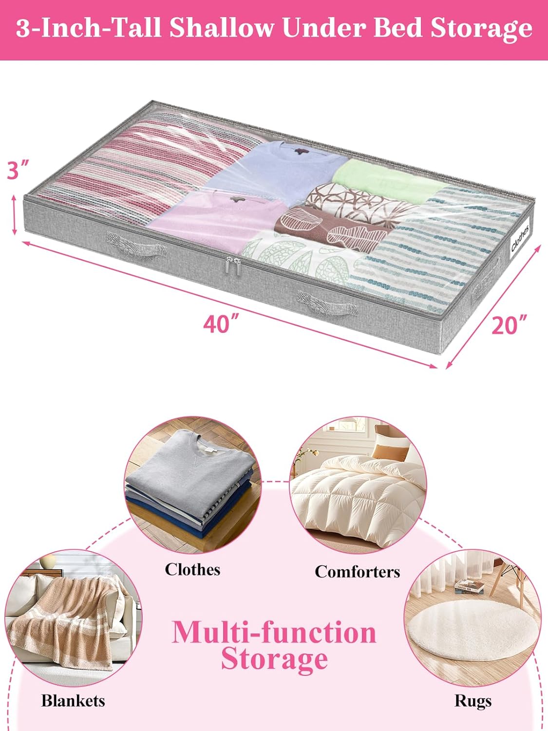 Under Bed Storage Containers by [Brand Name] - Foldable Clothes Organizer with Lid & Zipper | 3-Inch Low Profile, Gray, 2-Pack
