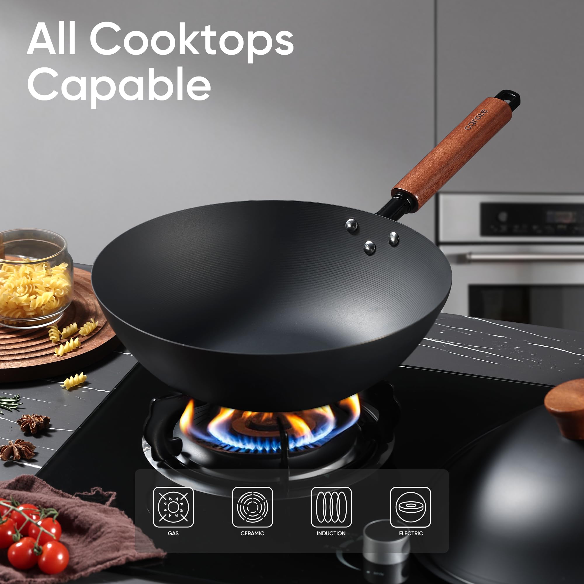 CAROTE 12.5" Carbon Steel Wok Pan, 6.5QT Woks & Stir-fry Pans Nonstick, No Chemical Coated Pre-Seasoned Flat Bottom Wok with Lid for Stir Fry, Chinese Cast Iron Wok Cooking Pan All Stovetop Compatible