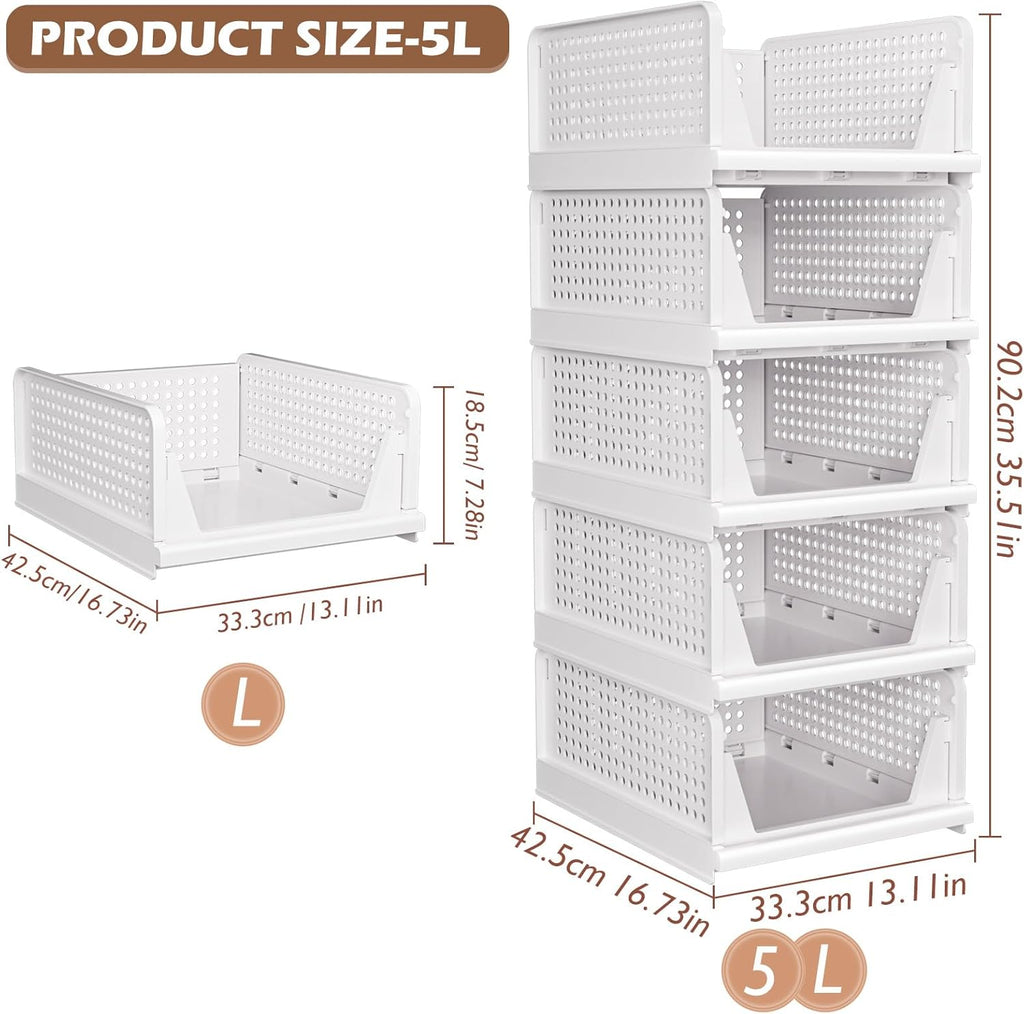 Skiennix Wardrobe Storage Organiser - 5 Pack Stackable Folding Closet Bins | Plastic Drawer Baskets in White
