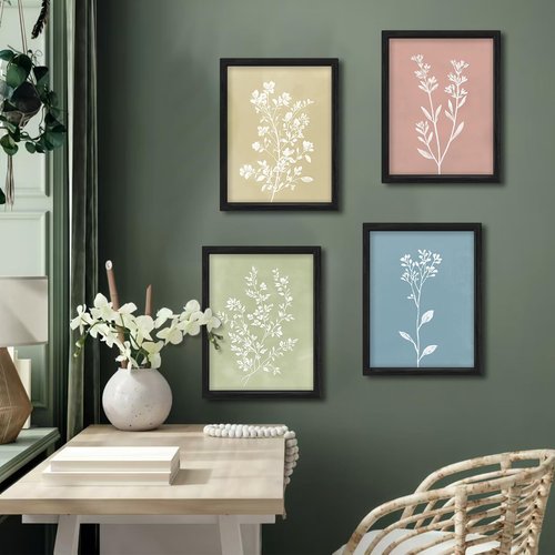 JIMUJIA 4-Piece Minimalist Plant Wall Art Set - Modern White Plant Designs on Soft Backgrounds | 12x16 Inch Frames for Home Décor